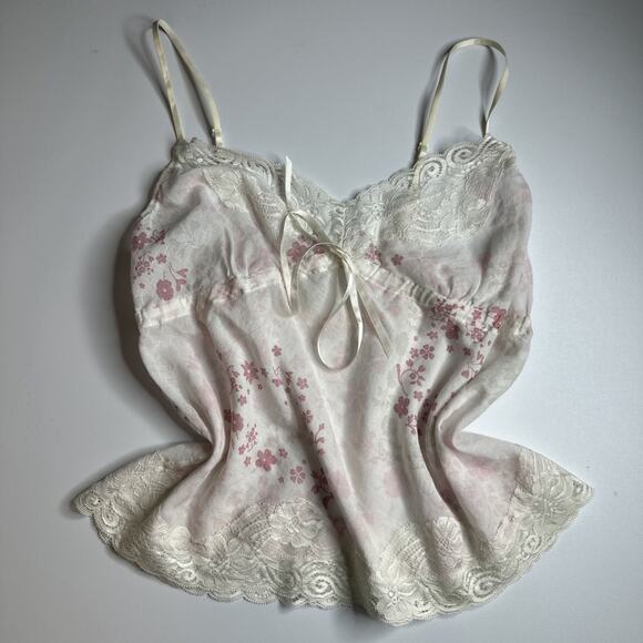 Lindex Lace Trim Floral Camisole White Pink Bow Coquette Ballet Cottage S/M - Picture 3 of 11